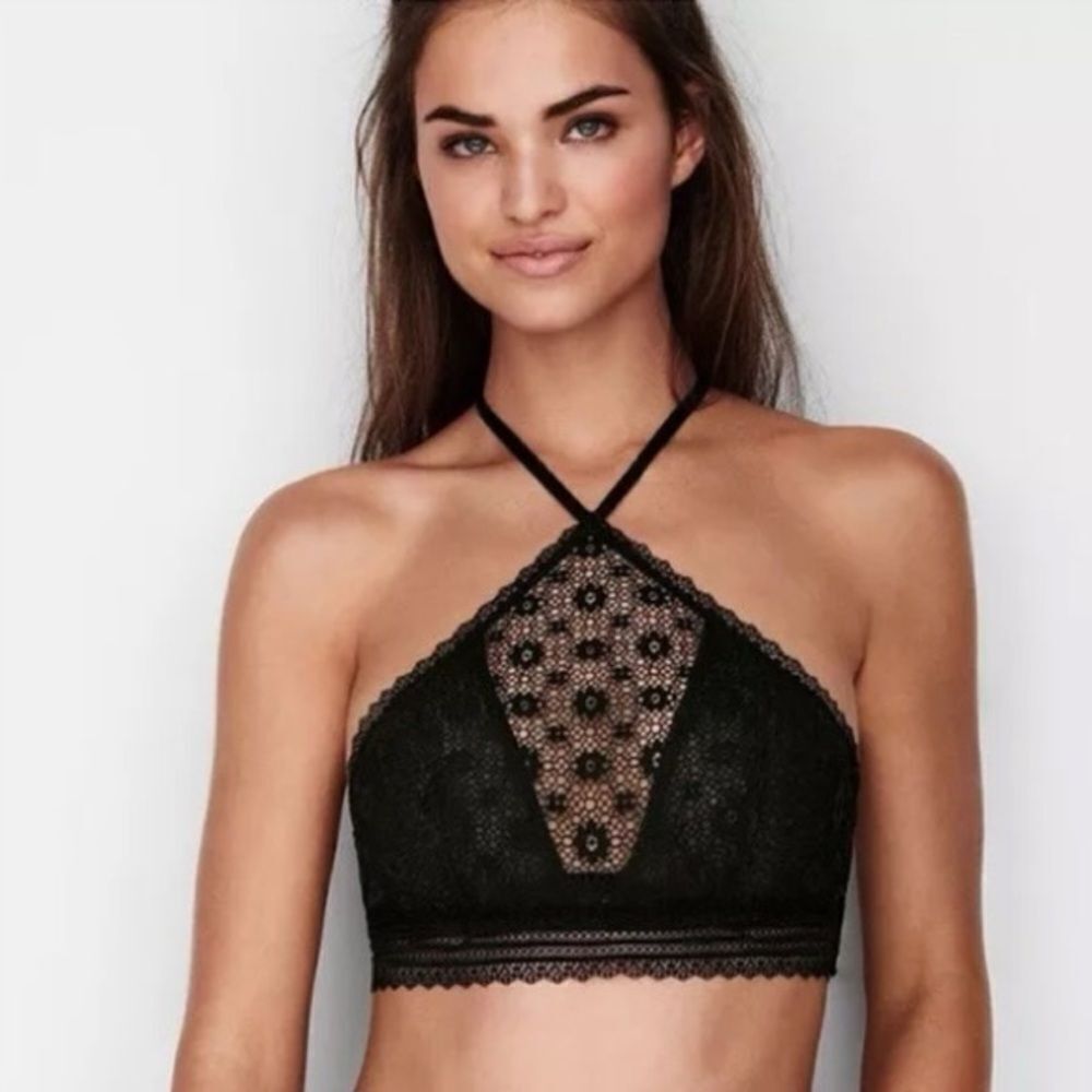 Victoria’s Secret Black High Neck Floral Lace Bralette Bra Size Small